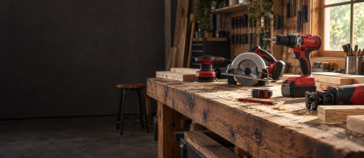 Power tools on a wooden workbench in a home workshop